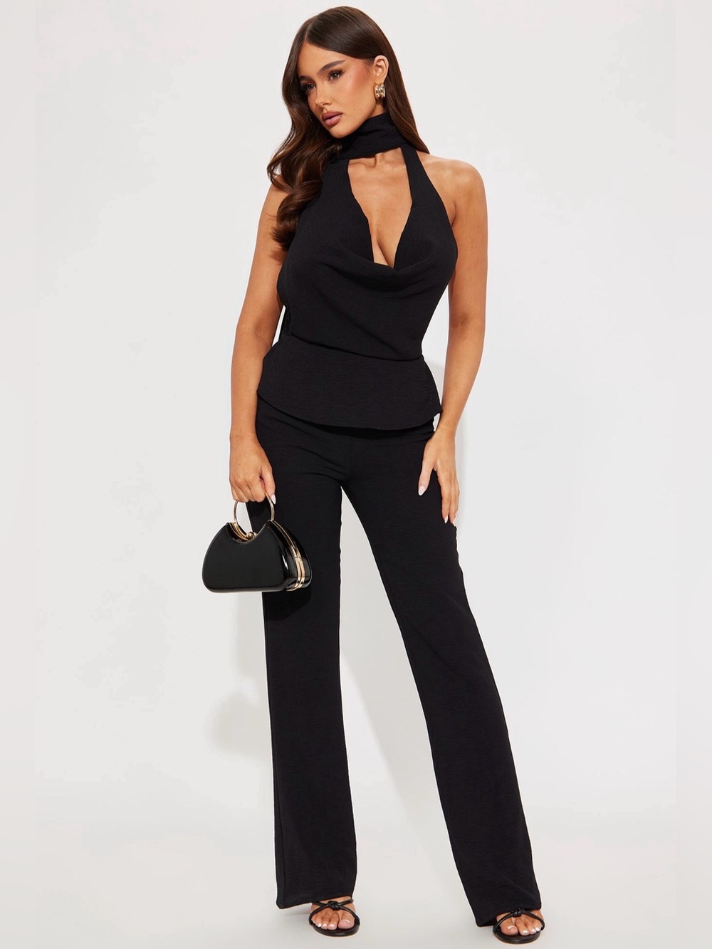 Fashion Nova Black First Class Only Cowl Neck Wide-Leg Jumpsuit XL